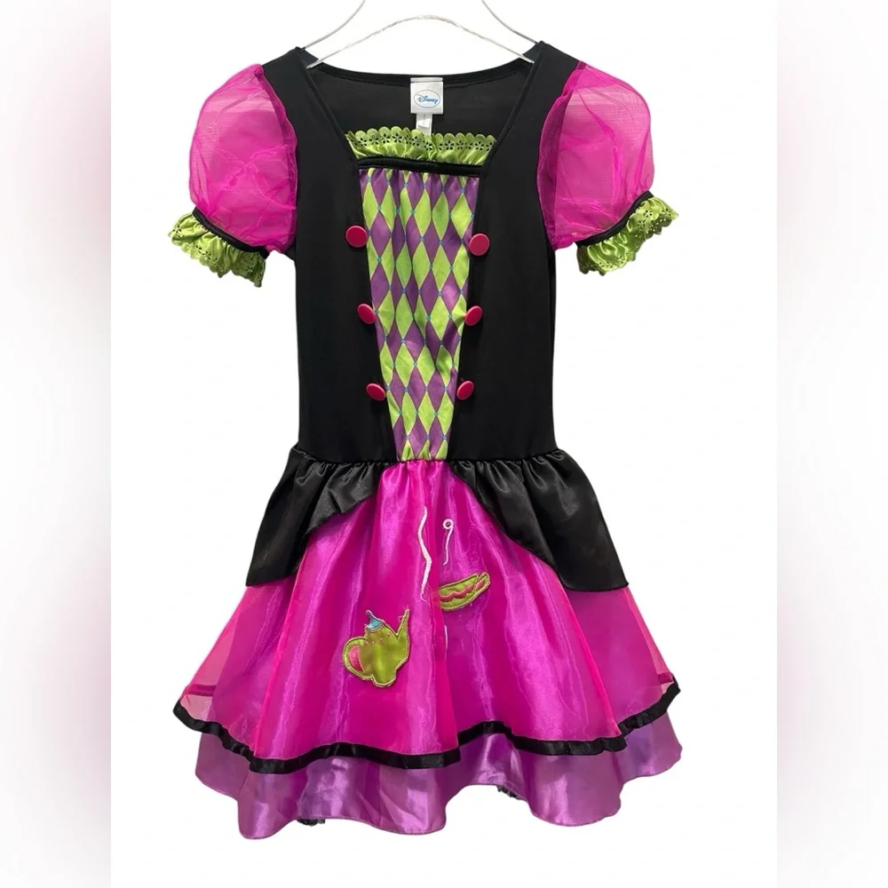 Disney Alice in Wonderland Mad Hatter Girls Costume Dress Pink‎ Green 8/10 Tulle
